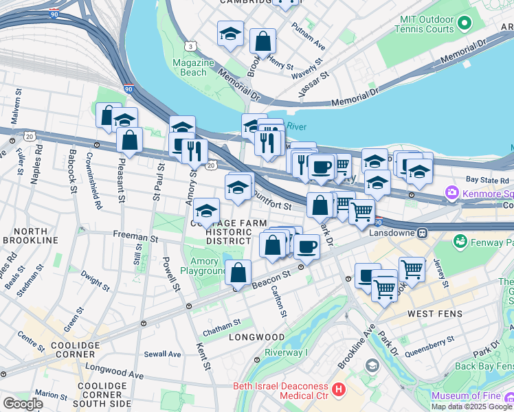 map of restaurants, bars, coffee shops, grocery stores, and more near 10 Lenox Street in Brookline