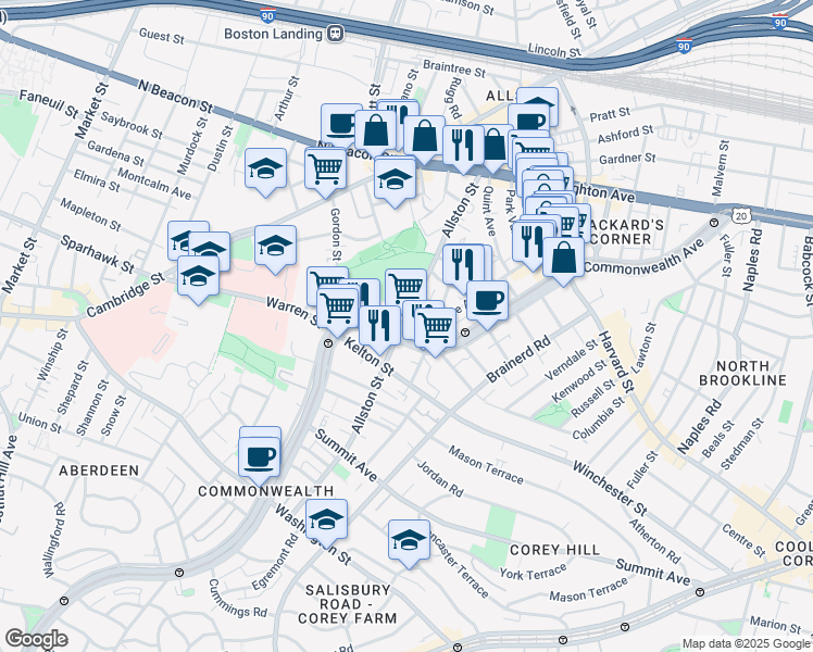 map of restaurants, bars, coffee shops, grocery stores, and more near 1381 Commonwealth Avenue in Boston