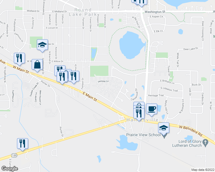 map of restaurants, bars, coffee shops, grocery stores, and more near 211 Holiday Lane in Hainesville