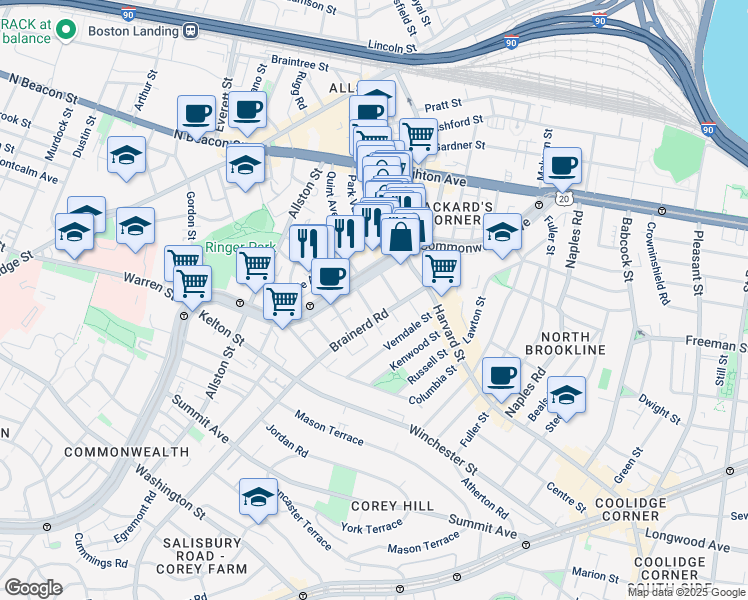 map of restaurants, bars, coffee shops, grocery stores, and more near 1277 Commonwealth Avenue in Boston