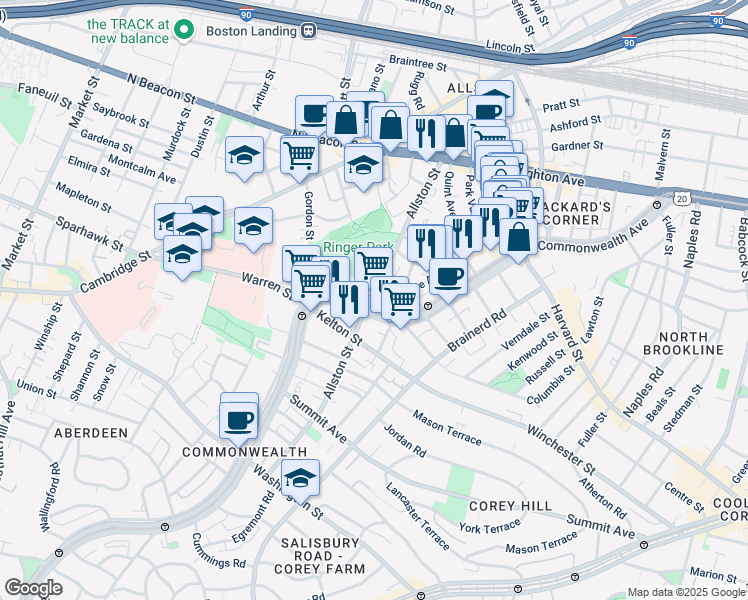 map of restaurants, bars, coffee shops, grocery stores, and more near 139 Glenville Avenue in Boston
