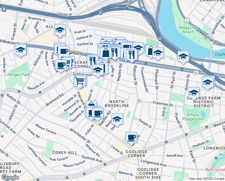 map of restaurants, bars, coffee shops, grocery stores, and more near 71 Abbottsford Road in Brookline