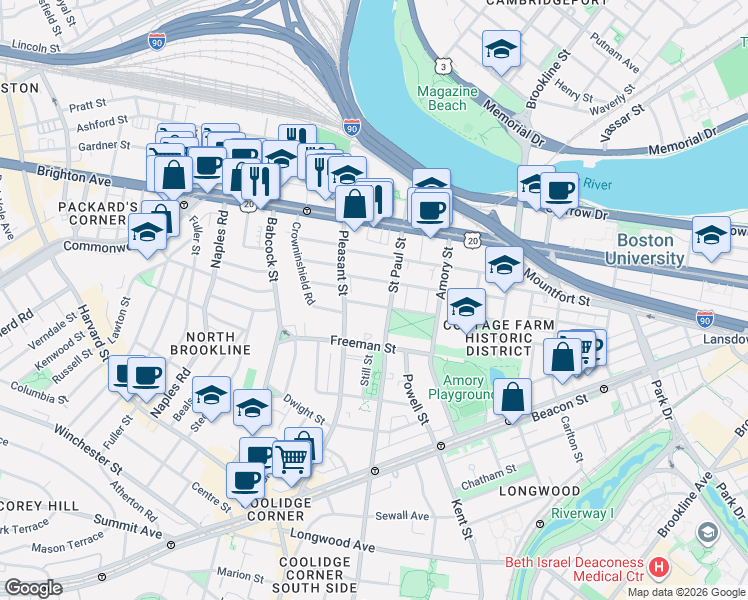 map of restaurants, bars, coffee shops, grocery stores, and more near 61 Thatcher Street in Brookline
