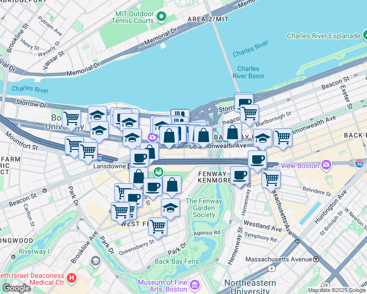 map of restaurants, bars, coffee shops, grocery stores, and more near 63 Kenmore Street in Boston