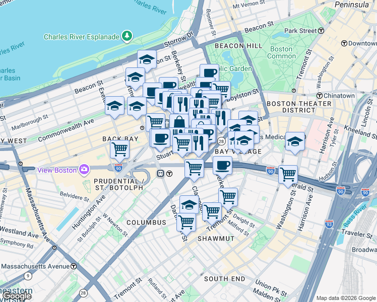 map of restaurants, bars, coffee shops, grocery stores, and more near 135 Clarendon Street in Boston