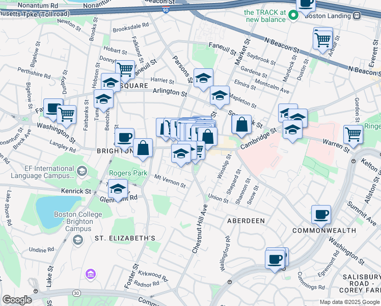 map of restaurants, bars, coffee shops, grocery stores, and more near Baldwin Place in Boston