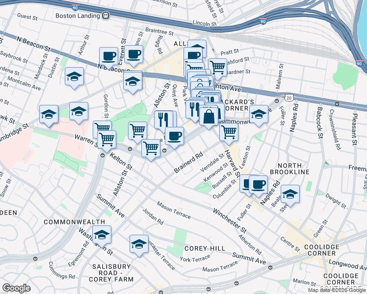 map of restaurants, bars, coffee shops, grocery stores, and more near 1277 Commonwealth Avenue in Boston