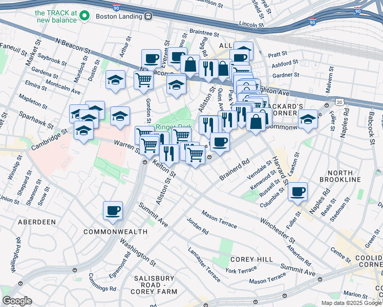 map of restaurants, bars, coffee shops, grocery stores, and more near 28 Long Avenue in Boston