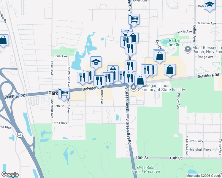 map of restaurants, bars, coffee shops, grocery stores, and more near 3010 Belvidere Road in Waukegan