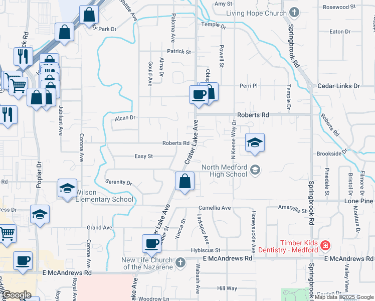 map of restaurants, bars, coffee shops, grocery stores, and more near 2133 Crater Lake Avenue in Medford