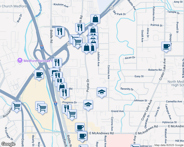 map of restaurants, bars, coffee shops, grocery stores, and more near 2107 Jubilant Avenue in Medford