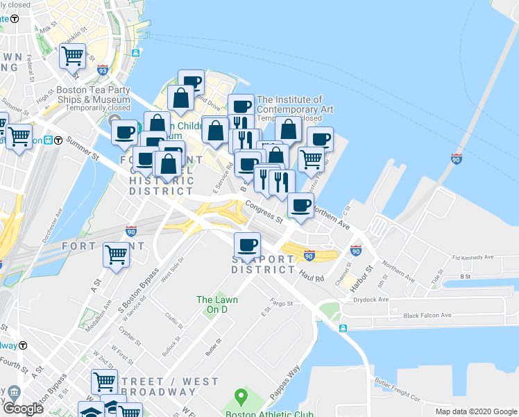 map of restaurants, bars, coffee shops, grocery stores, and more near in Boston