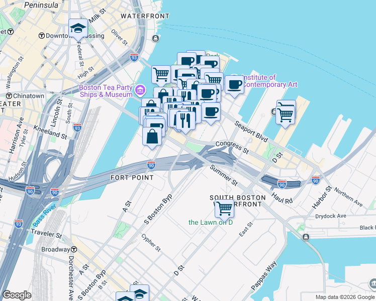 map of restaurants, bars, coffee shops, grocery stores, and more near 4 West Service Road in Boston