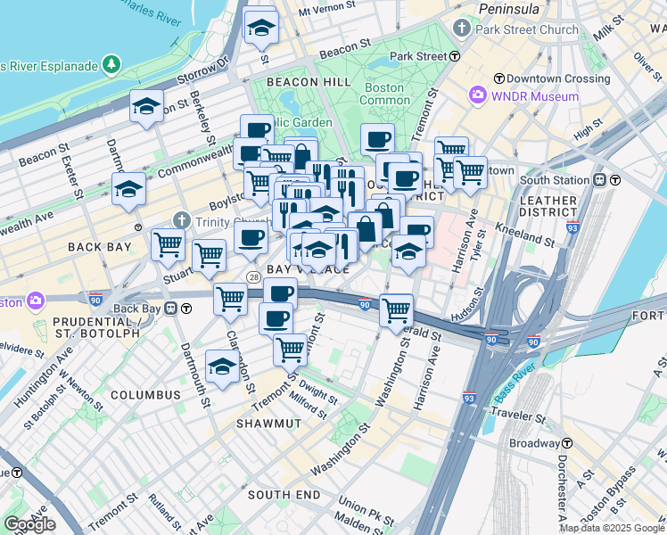 map of restaurants, bars, coffee shops, grocery stores, and more near 34-38 Winchester Street in Boston