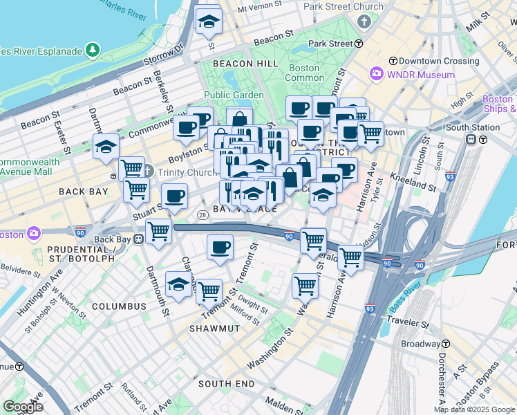map of restaurants, bars, coffee shops, grocery stores, and more near 34-38 Winchester Street in Boston