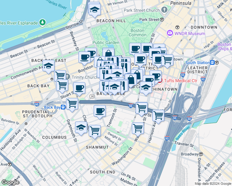 map of restaurants, bars, coffee shops, grocery stores, and more near 34-38 Winchester Street in Boston