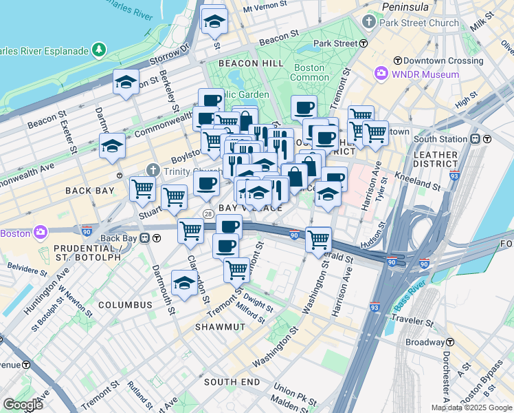 map of restaurants, bars, coffee shops, grocery stores, and more near 34-38 Winchester Street in Boston