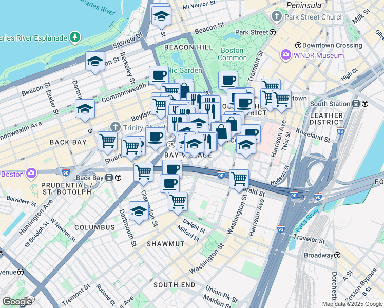 map of restaurants, bars, coffee shops, grocery stores, and more near 34-38 Winchester Street in Boston
