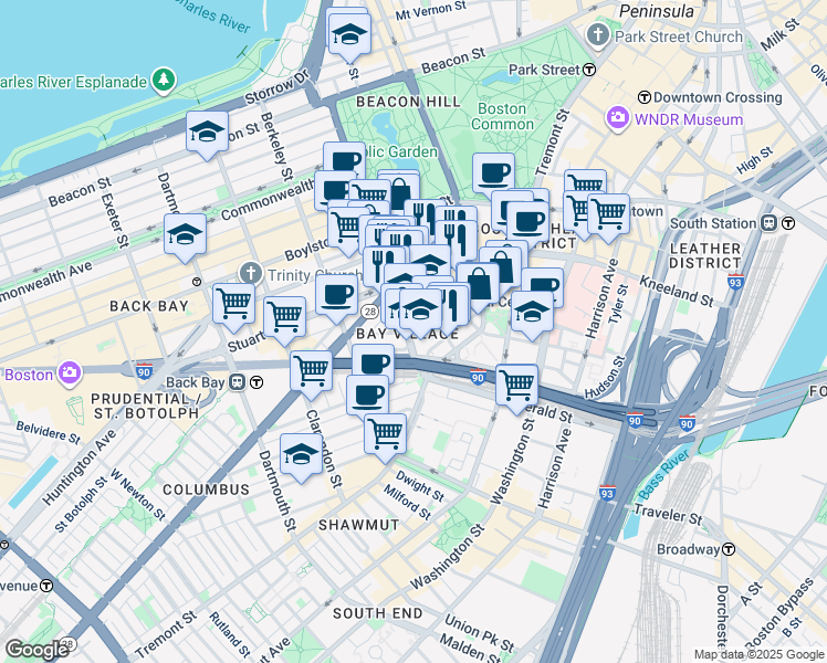 map of restaurants, bars, coffee shops, grocery stores, and more near 34-38 Winchester Street in Boston