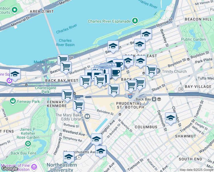 map of restaurants, bars, coffee shops, grocery stores, and more near in Boston
