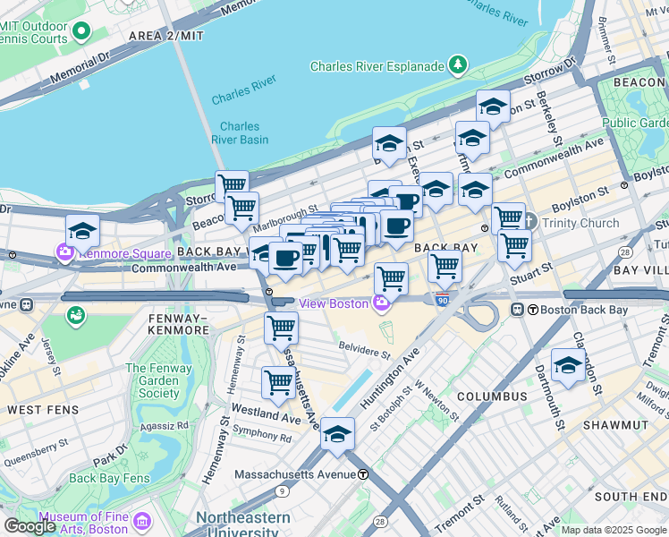 map of restaurants, bars, coffee shops, grocery stores, and more near 296 Commonwealth Avenue in Boston