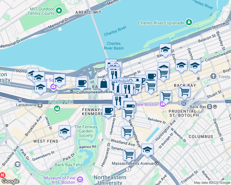 map of restaurants, bars, coffee shops, grocery stores, and more near 377 Commonwealth Avenue in Boston