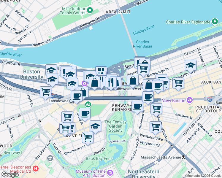map of restaurants, bars, coffee shops, grocery stores, and more near 483 Commonwealth Avenue in Boston