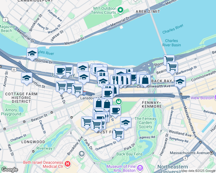 map of restaurants, bars, coffee shops, grocery stores, and more near 585 Commonwealth Avenue in Boston