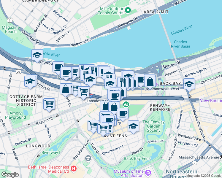 map of restaurants, bars, coffee shops, grocery stores, and more near in Boston