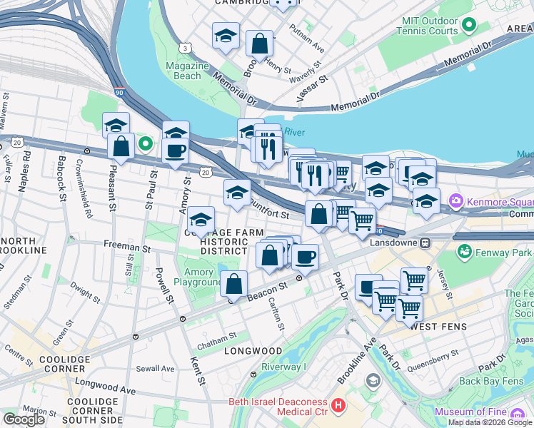 map of restaurants, bars, coffee shops, grocery stores, and more near 812 Carlton Street in Brookline