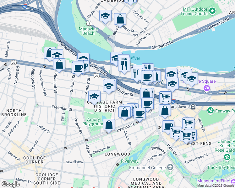 map of restaurants, bars, coffee shops, grocery stores, and more near 25 Lenox Street in Brookline