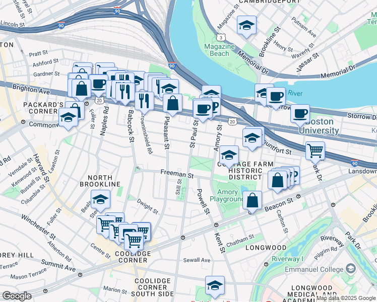 map of restaurants, bars, coffee shops, grocery stores, and more near 49 Egmont Street in Brookline