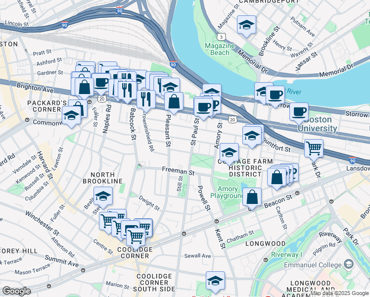 map of restaurants, bars, coffee shops, grocery stores, and more near 49 Egmont Street in Brookline
