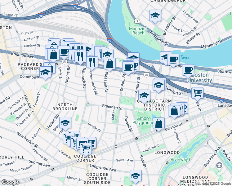 map of restaurants, bars, coffee shops, grocery stores, and more near 49 Egmont Street in Brookline