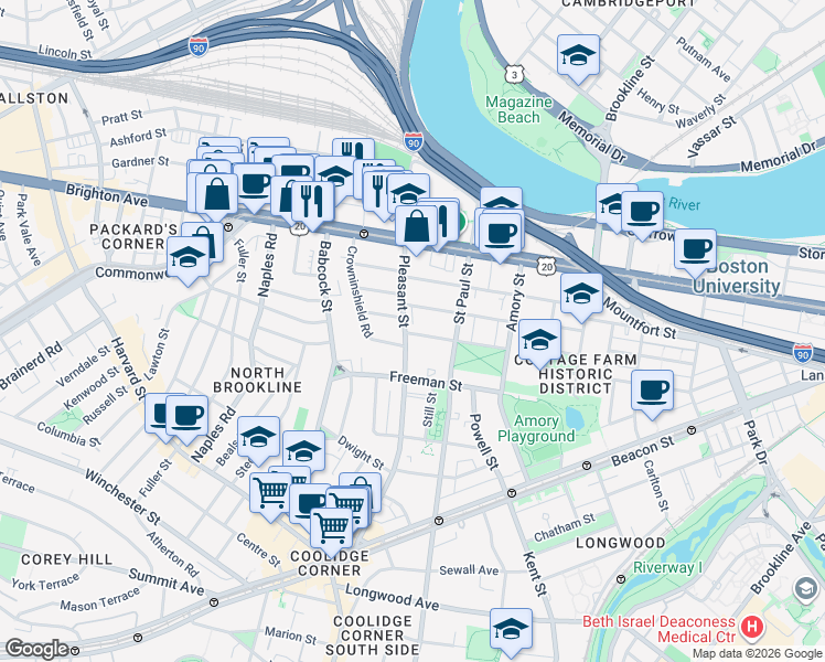 map of restaurants, bars, coffee shops, grocery stores, and more near 76 Egmont Street in Brookline