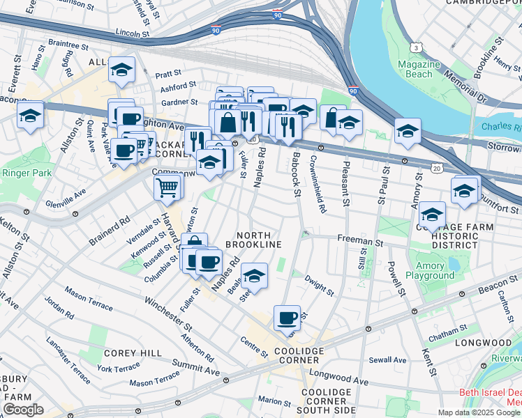 map of restaurants, bars, coffee shops, grocery stores, and more near 71 Abbottsford Road in Brookline