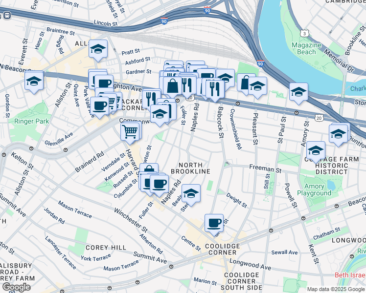 map of restaurants, bars, coffee shops, grocery stores, and more near 71 Abbottsford Road in Brookline