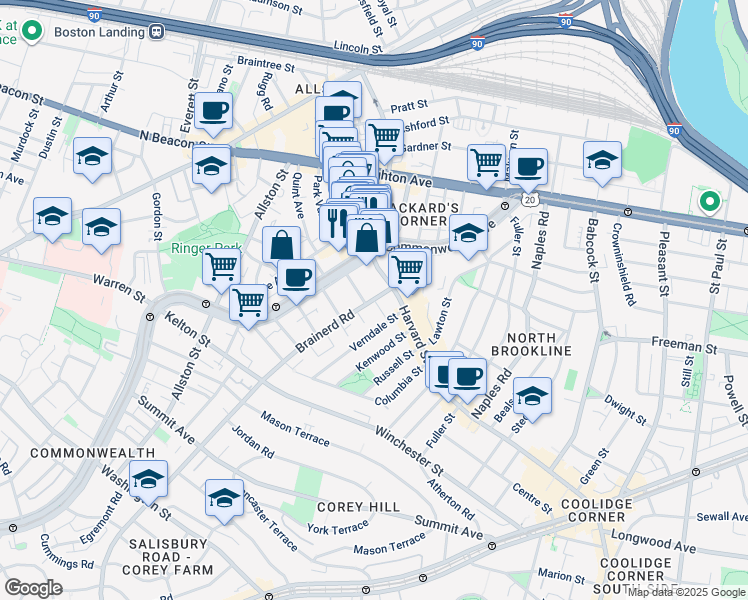 map of restaurants, bars, coffee shops, grocery stores, and more near 1254 Commonwealth Avenue in Boston