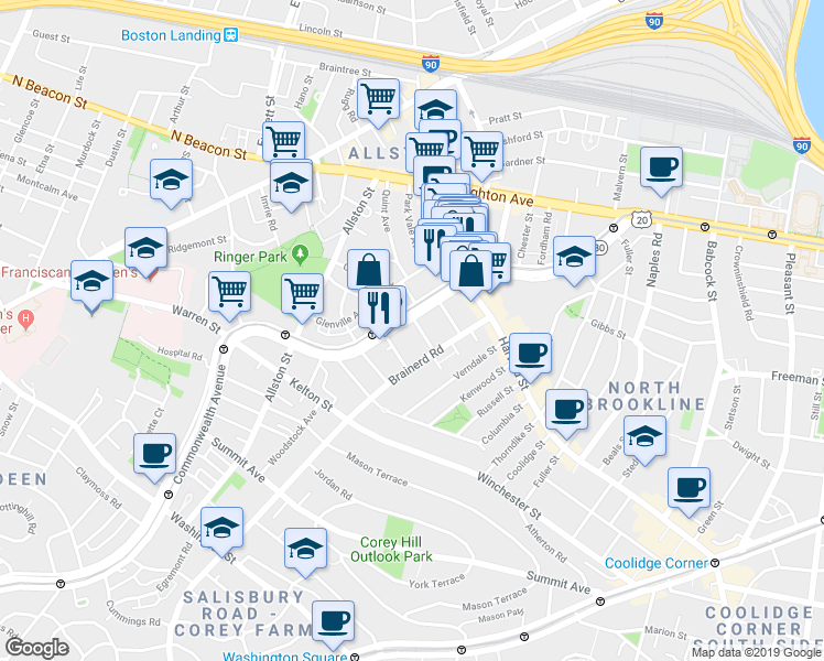 map of restaurants, bars, coffee shops, grocery stores, and more near 1271-1277 Commonwealth Avenue in Boston