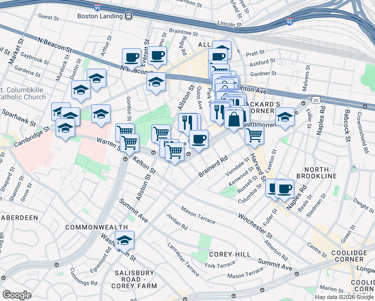 map of restaurants, bars, coffee shops, grocery stores, and more near 66 Glenville Avenue in Boston