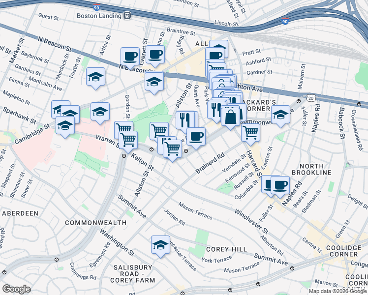 map of restaurants, bars, coffee shops, grocery stores, and more near 66 Glenville Avenue in Boston