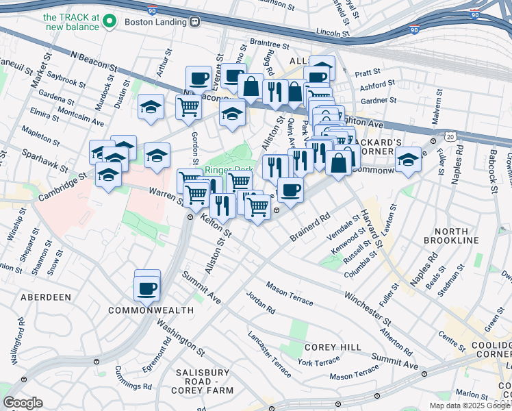map of restaurants, bars, coffee shops, grocery stores, and more near 28 Long Avenue in Boston