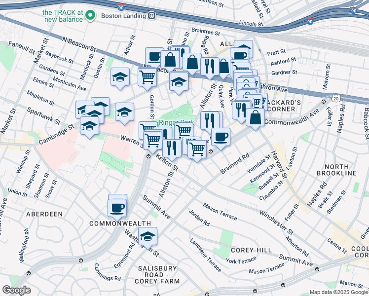 map of restaurants, bars, coffee shops, grocery stores, and more near 139 Glenville Avenue in Boston