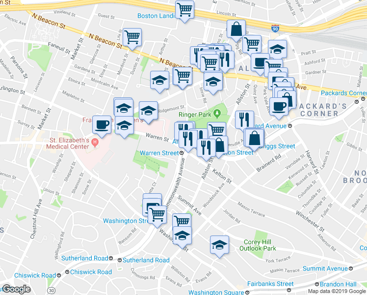 map of restaurants, bars, coffee shops, grocery stores, and more near 103 Gordon Street in Boston