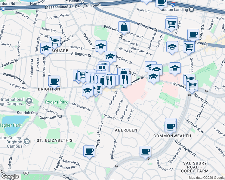map of restaurants, bars, coffee shops, grocery stores, and more near 302 Washington Street in Boston