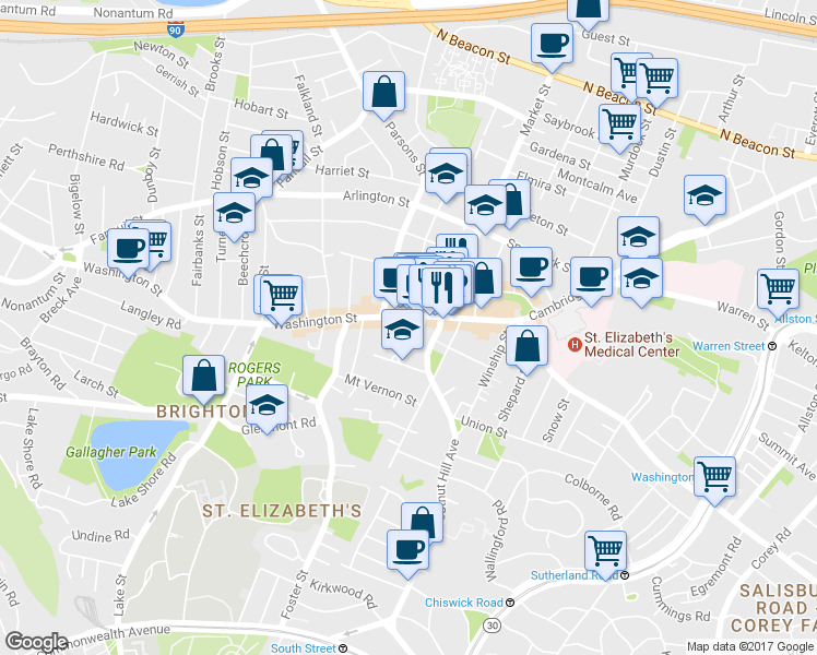map of restaurants, bars, coffee shops, grocery stores, and more near 385 Washington Street in Boston