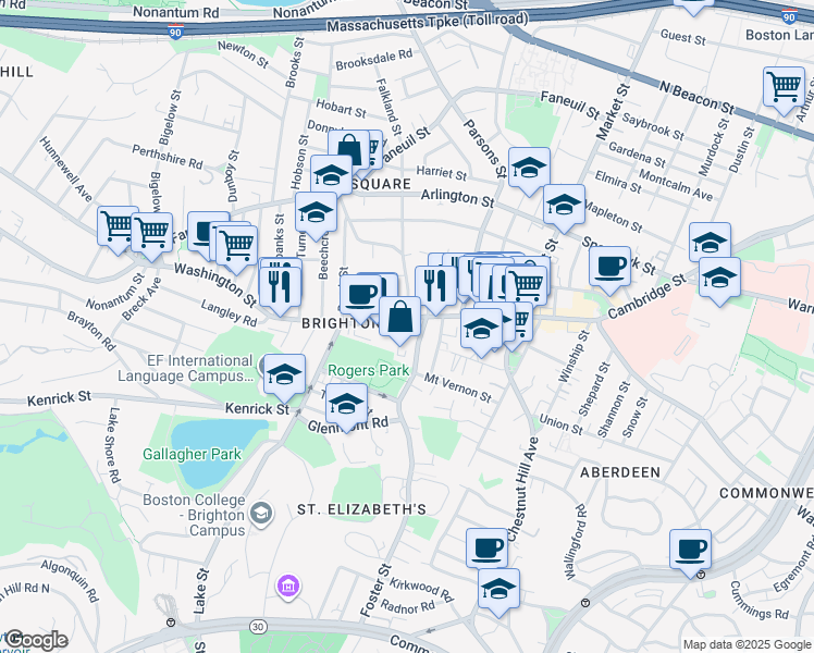 map of restaurants, bars, coffee shops, grocery stores, and more near 57 Malbert Road in Boston