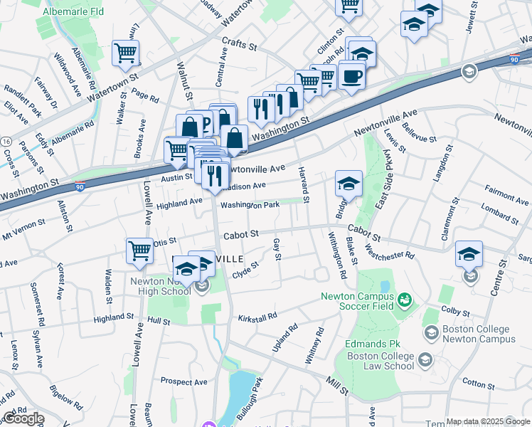 map of restaurants, bars, coffee shops, grocery stores, and more near 47 Washington Park in Newton