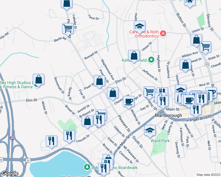 map of restaurants, bars, coffee shops, grocery stores, and more near 53 Elm Street in Marlborough