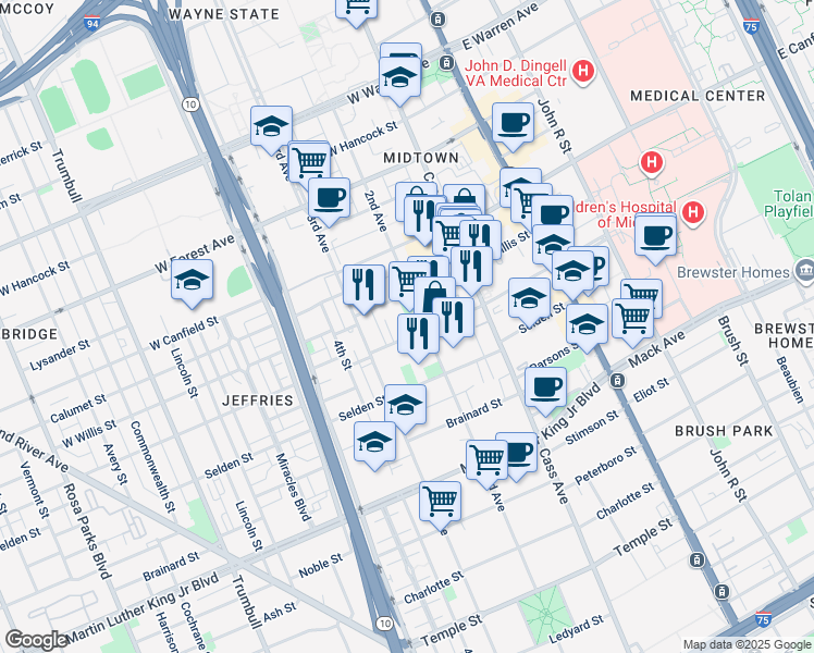 map of restaurants, bars, coffee shops, grocery stores, and more near 4140 2nd Avenue in Detroit